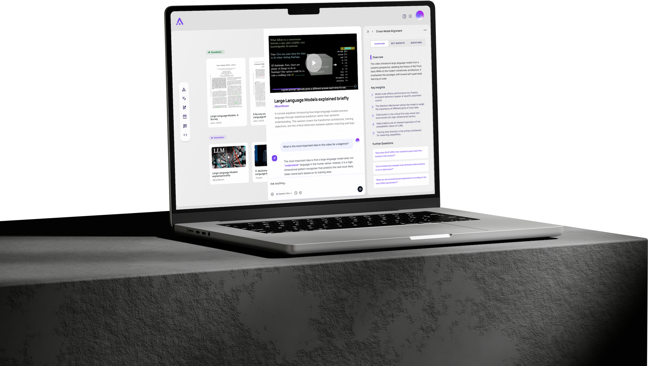 AssemFlow research mode displayed on a laptop, with source material and AI exploration side by side