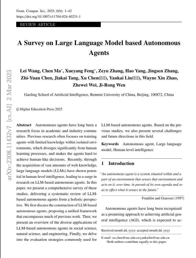 Survey on Large Language Model based Autonomous Agents